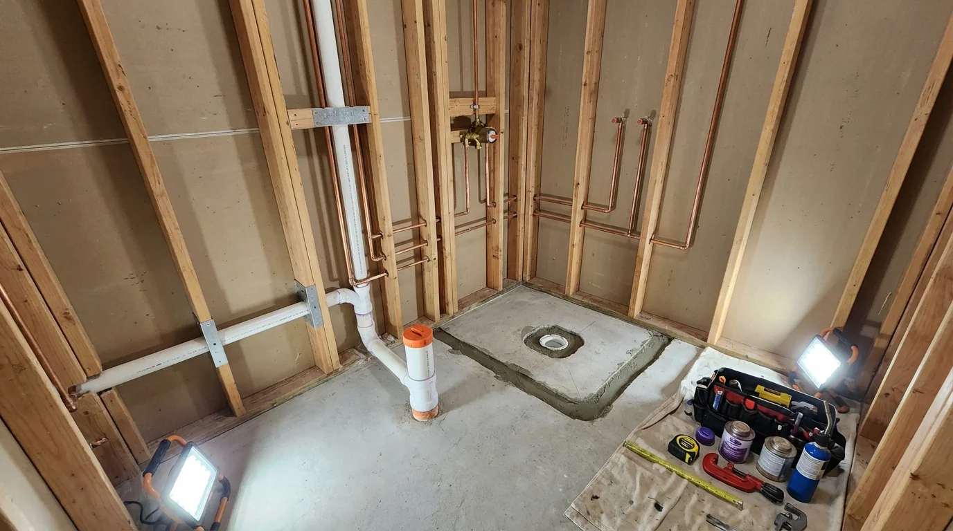 Bathroom rough-in plumbing during remodel by Johns Plumbing LLC in Clifton Springs