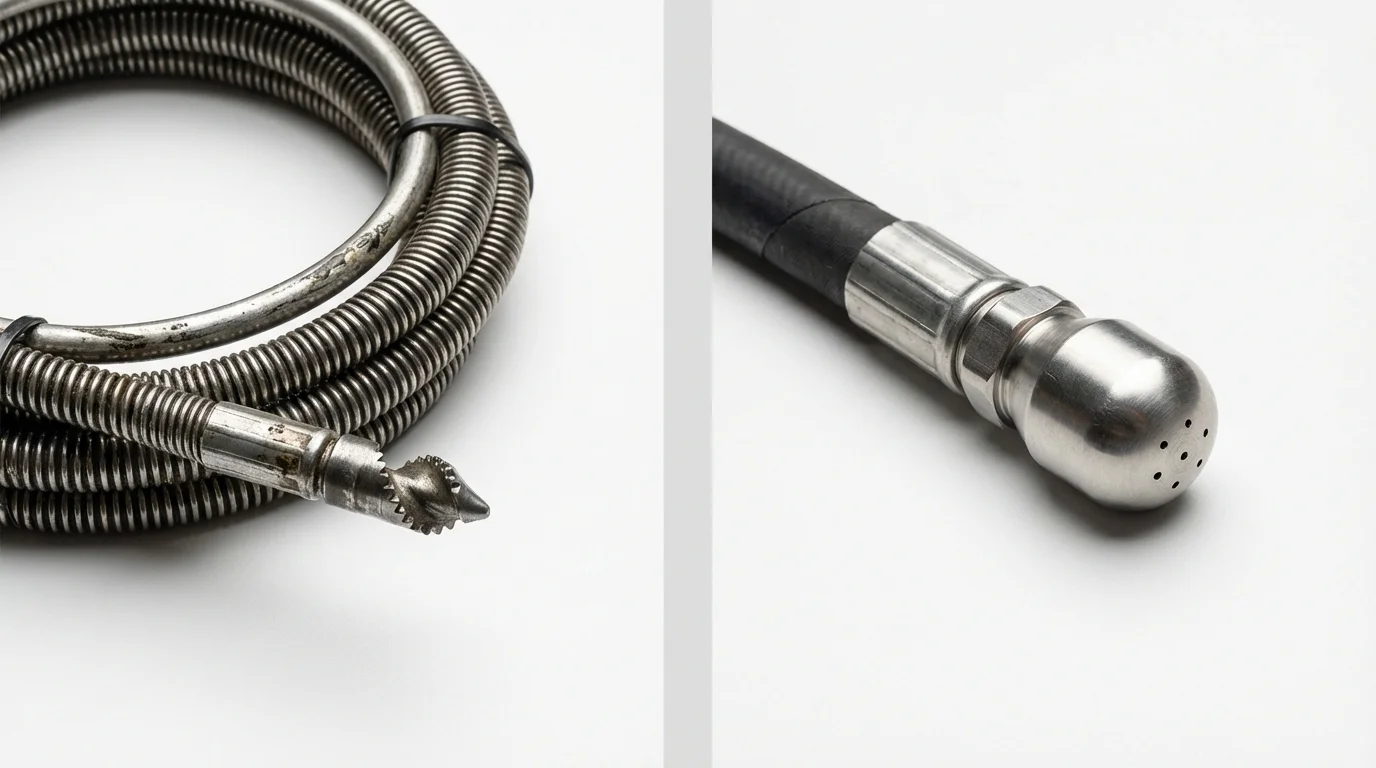Drain snake cable and hydro jetting nozzle used for drain cleaning in Clifton Springs, NY