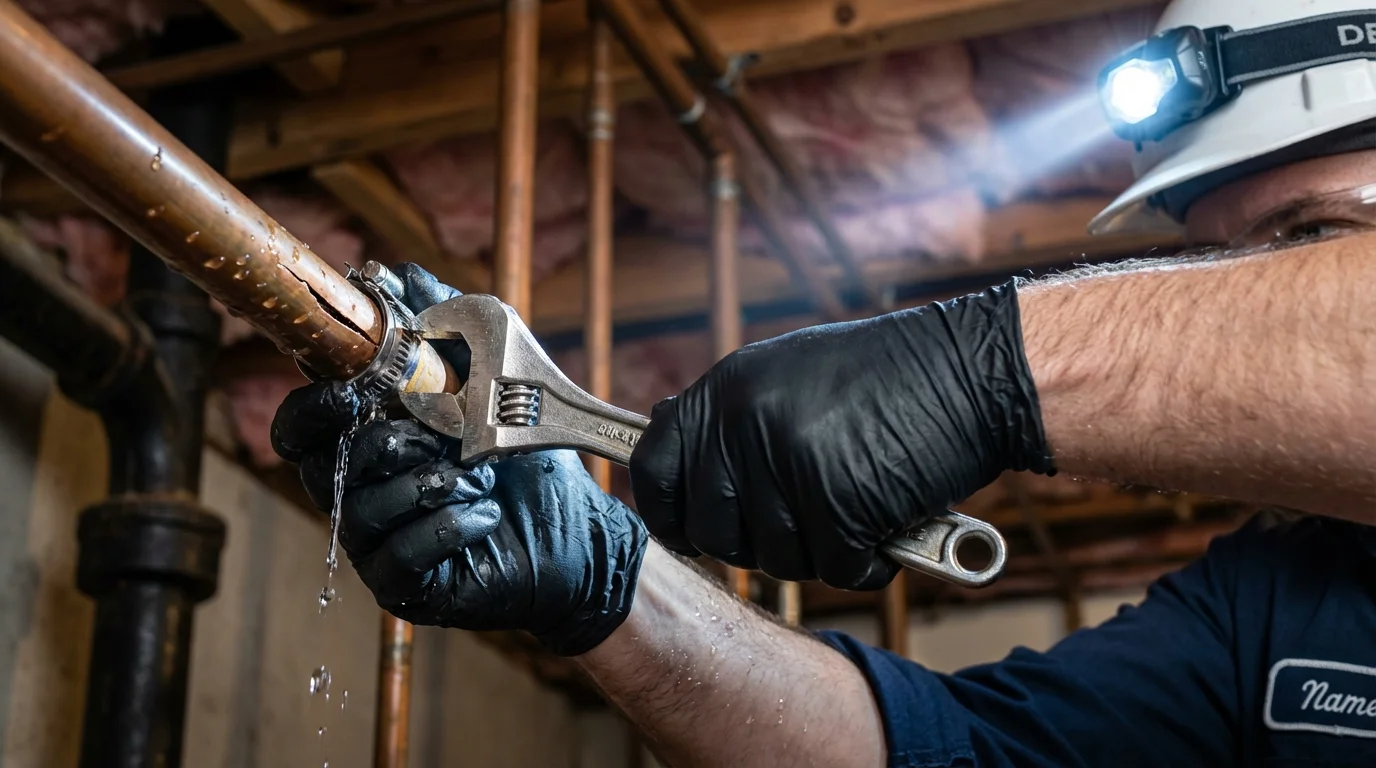 Emergency pipe clamp repair being performed by a Johns Plumbing LLC plumber in Clifton Springs