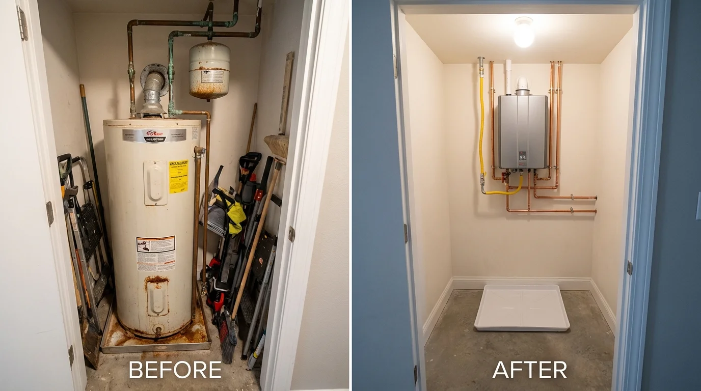 Tank water heater versus wall-mounted tankless unit comparison for Clifton Springs, NY homeowners