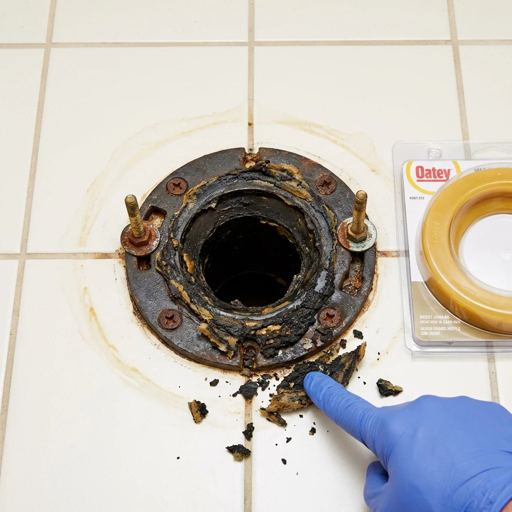 Failed wax ring showing water seepage at the base of a toilet in a Clifton Springs, NY home