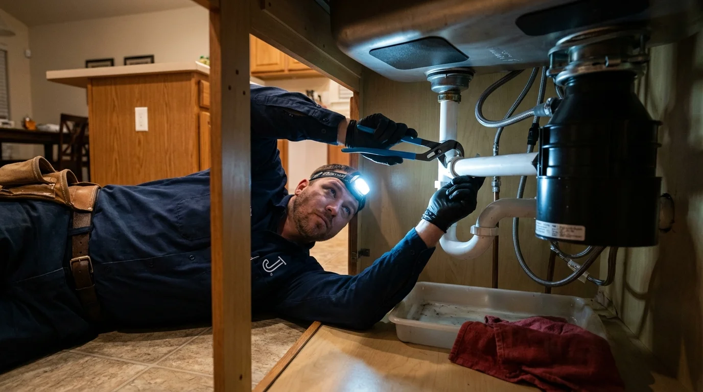 P-trap and supply line connections under a kitchen sink showing a common leak point in Clifton Springs, NY